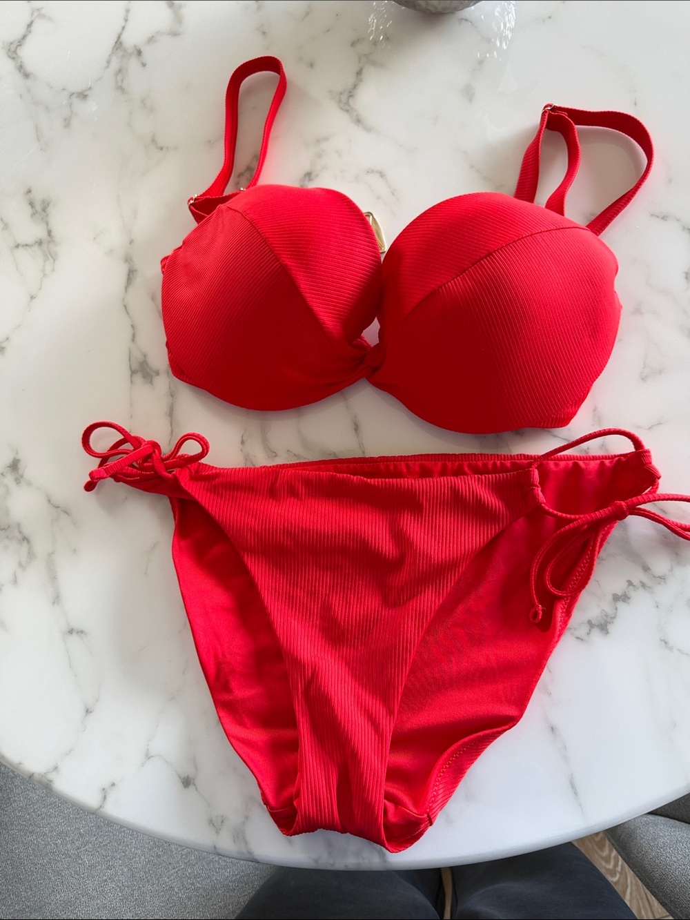 Victoria's Secret Red Ribbed Tie-Side Bikini Set, 32DD, small